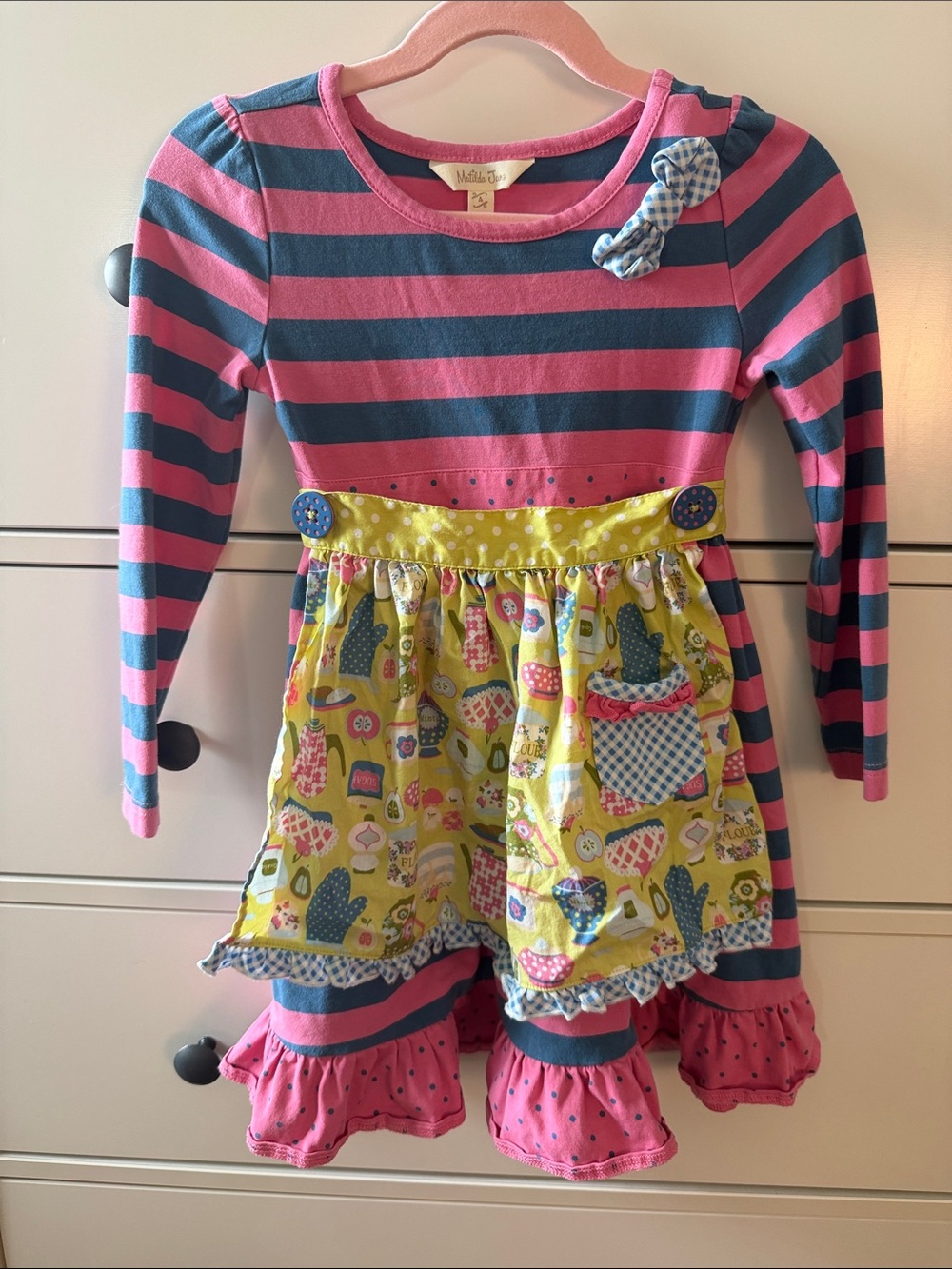 Matilda Jane Pink & Navy Striped Long-Sleeve Dress with Removable Yellow Apron